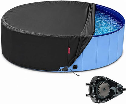 QH.HOME 55.1 inch Kiddie Pool Cover Round, Collapsible Dog Pool Cover with Super Windproof Ratchet Design, Odorless Waterproof Fabric Material and - Only Cover