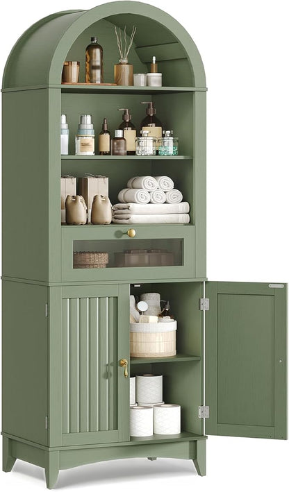 RALGEND 66" Tall Bathroom Storage Cabinet with Flip Drawer, Freestanding Storage Cabinet with Doors & Shelves,Arched Cabinets for Bathroom, Living Room, Kitchen, Laundry, Green