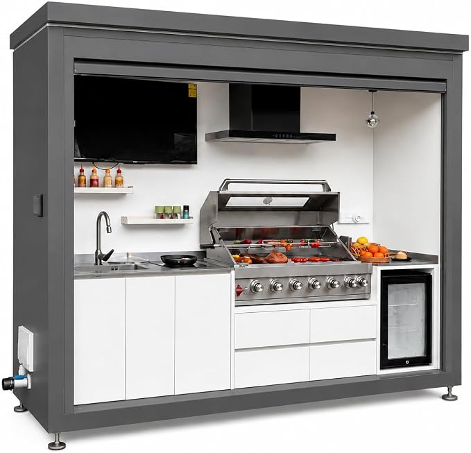 Sunnyjoy Modular Outdoor Kitchen MAX, Premium Aluminum Cabinet System-3 | MAX roll-up shade version with grill, sink & storage, durable weather-resistant design, includes roll-up set for protection