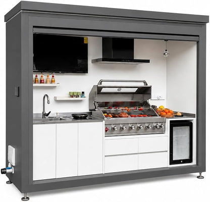 Sunnyjoy Modular Outdoor Kitchen MAX, Premium Aluminum Cabinet System-3 | MAX roll-up shade version with grill, sink & storage, durable weather-resistant design, includes roll-up set for protection