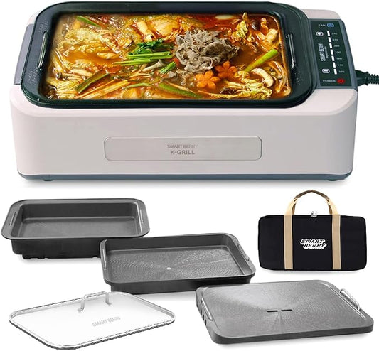 SMART BERRY 3 in 1 Smokeless Electric Indoor Grill, Nonstick Grill/Griddle Plates, hot pot, Glass Lid, Portable Korean BBQ Grill with 7-Level Control, black (HOT POT set White)