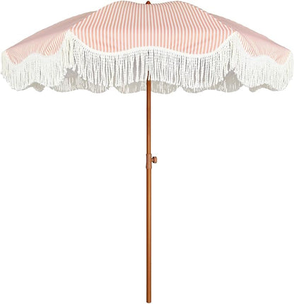 AMMSUN Boho Fringe Umbrella Outdoor Patio, 6.5ft UPF50+ Picnic Umbrella with Tassels with Steel Pole and Push Button Tilt, Pink Stripe