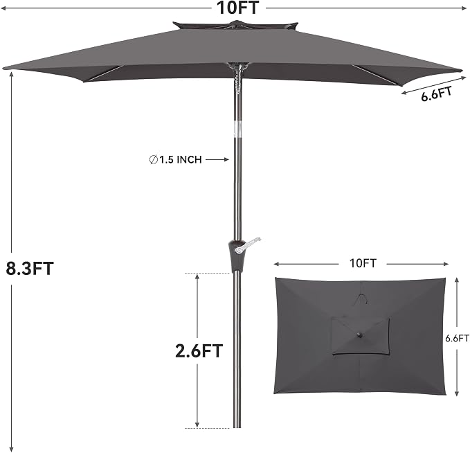 6.6 x 10 ft Rectangular Patio Umbrella, Outdoor Market Table Umbrella with Push Button Tilt and Crank, Double-Tier Vent, 6 Ribs, Rectangle Patio Umbrella for Backyard, Deck, Pool, Fits 4–6 Chairs and Tables (Grey)