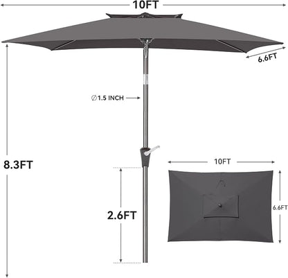 6.6 x 10 ft Rectangular Patio Umbrella, Outdoor Market Table Umbrella with Push Button Tilt and Crank, Double-Tier Vent, 6 Ribs, Rectangle Patio Umbrella for Backyard, Deck, Pool, Fits 4–6 Chairs and Tables (Grey)
