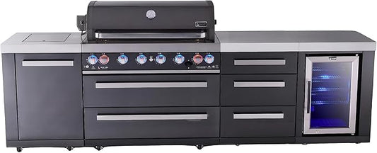 Mont Alpi Premium 119"W Black Stainless Steel Modular Outdoor Kitchen Island with Refrigerator + Side Burner + 44"W 6-Burner BBQ Gas Grill + White Granite Countertops + Storage Cabinets and Drawers