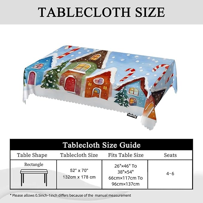 Swono Christmas House Table Cloth Winter Village Snow Xmas Candy Cane Colorful Rectangle Tablecloth Picnic Tablecloth BBQ Table Cloths Polyester for Kitchen 50x72 Inch
