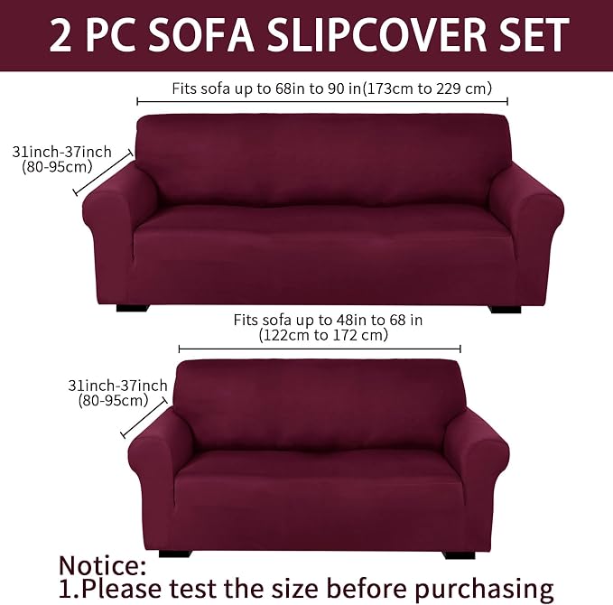 Peryiter 2 Pcs Couch and Loveseat Sofa Covers,Burgundy,Milk Silk | Armchair Covers for Living Room, Sofa Cushion Slipcover 2/3 Seater, Furniture Protector, Polyester and Spandex, Washable