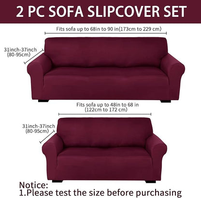Peryiter 2 Pcs Couch and Loveseat Sofa Covers,Burgundy,Milk Silk | Armchair Covers for Living Room, Sofa Cushion Slipcover 2/3 Seater, Furniture Protector, Polyester and Spandex, Washable
