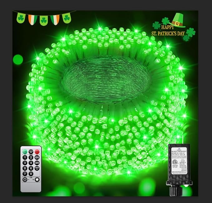 St Patricks Day Decorations 355 FT 900 LED Green Lights, Extra Long Outdoor String Lights Waterproof, Timer & Memory, 8 Modes Dimmable Plug in Fairy for Outside Tree Patrick's Day Decor
