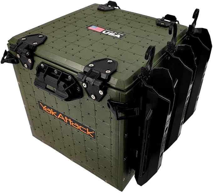 YakAttack BlackPak Pro Kayak Fishing Crate - Ranger Green | 13" x 13" Riggable Kayak Gear Storage System with Hinged Lid, GridLoc Mount Panels & 3 TetherTube Rod Holders | Lightweight Tankwell Crate