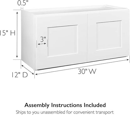Design House Brookings Shaker Unassembled Bridge Wall Kitchen Cabinet W3015, 30 W x 12 D x 15 H, Painted White with Sherwin Williams®, Solid Wood, 561639