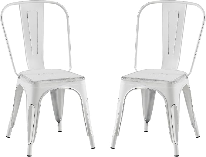AC Pacific Stackable Metal Dining Chairs Set of 2 for Indoor and Outdoor Use, Durable Stacking Seat, Farmhouse Kitchen, Bar, Patio, Bistro, Cafe, Industrial Style, 2pcs, Sanded Matte White