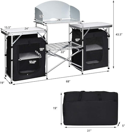 Giantex Camping Kitchen Station, Folding Grill Table with 26'' Tabletop, 2 Side Tables, Storage Organizer, Detachable Windscreen, Portable Camp Cook Outdoor Prep Station Backyard BBQ Picnic (Black)