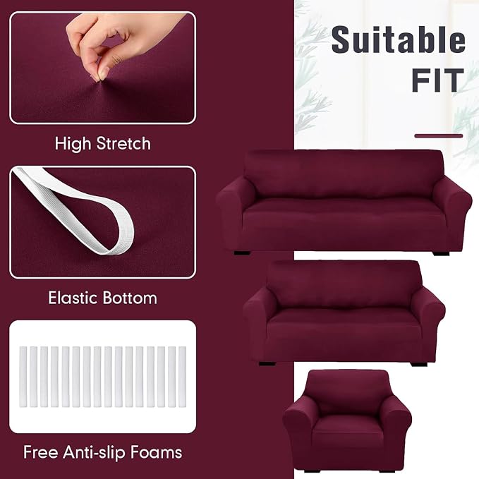 Peryiter 3 Pcs Couch and Loveseat Sofa Covers,Burgundy,Milk Silk | Armchair Covers for Living Room, Sofa Cushion Slipcover, Furniture Protector, Polyester and Spandex, Washable