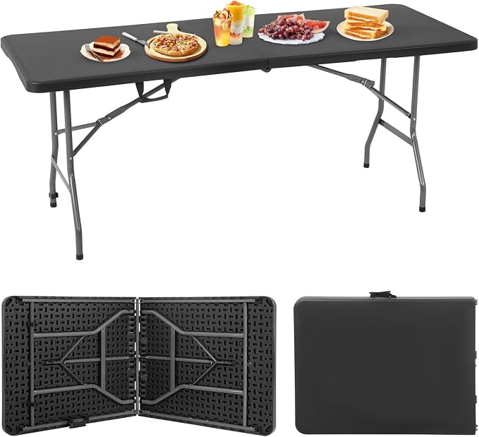 PayLessHere 6ft Folding Tables,Plastic Resin Table with Collapsible Alloy Steel Frame,Plastic Table for Indoor,Outdoor,Camping,BBQ,Picnic,Black