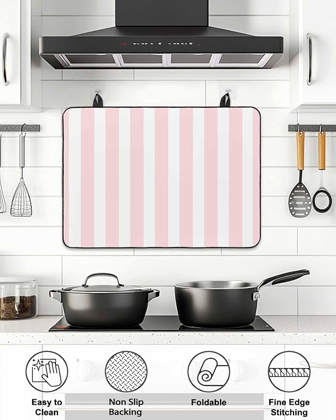 Stove Top Covers for Electric Stove 24x21 Inches, Pink Stripes HeatResistant Glass Cooktop Protector, Modern Farmhouse Pink White Vertical Striped Ceramic Stovetop Countertop Covers Mat, Oven Cover