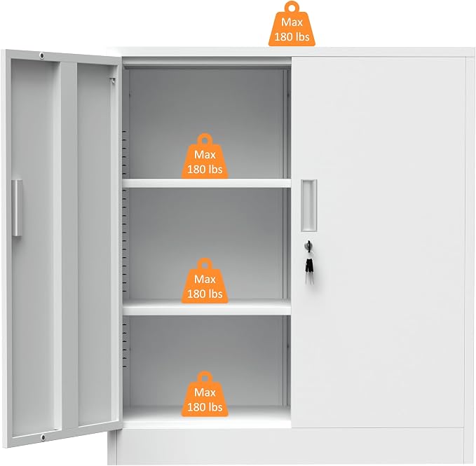 Metal Storage Cabinet with Locking Doors and 2 Adjustable Shelves, Small Lockable Steel Storage Cabinets for Home Office Garage Kitchen Pantry (White)