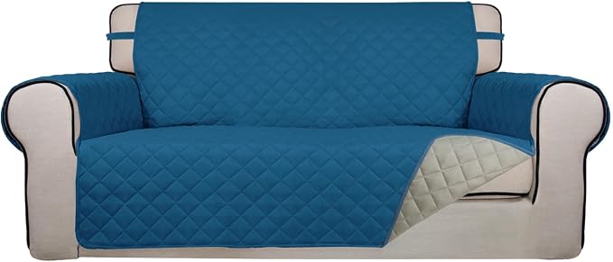 PureFit Reversible Quilted Couch Covers for Dogs Loveseat Sofa Cover 54" | Peacock Blue/Beige, Water Resistant Couch Protector, Washable Pet Couch Cover with Non Slip and Elastic Straps For Kids