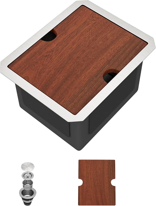12x15 Inch Undermount Wet Bar Prep Sink Small Workstation Kitchen Sink, Single Bowl 16 Gauge Stainless Steel for RV, Camper Van, Outdoor Kitchen, Basement Bar, or Laundry Room