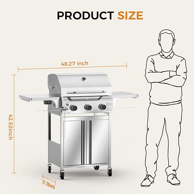 R.W.FLAME 3 Burner Propane Gas Grill, 24,000 BTU Stainless Steel BBQ Grill with Foldable Shelves, Outdoor Grill for Backyard, Patio, and Camping