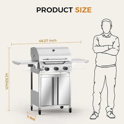 R.W.FLAME 3 Burner Propane Gas Grill, 24,000 BTU Stainless Steel BBQ Grill with Foldable Shelves, Outdoor Grill for Backyard, Patio, and Camping