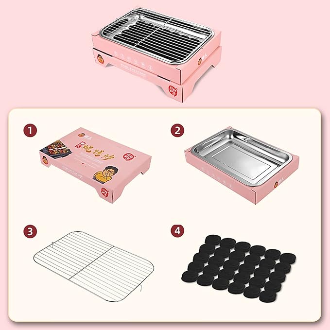 Portable Charcoal Grill, Compact Detachable Stainless Steel BBQ Smoker, Single Use Barbecue Grill for Outdoor Camping, Easy to Carry and Clean (Pink (containing 30 Charcoal))