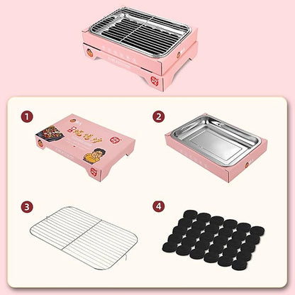 Portable Charcoal Grill, Compact Detachable Stainless Steel BBQ Smoker, Single Use Barbecue Grill for Outdoor Camping, Easy to Carry and Clean (Pink (containing 30 Charcoal))
