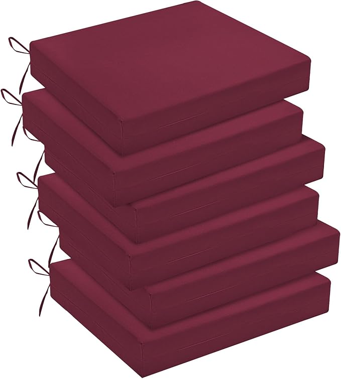 downluxe Outdoor Chair Cushions Set of 6 for Patio Furniture, Water-Resistant Square Corner Patio Chair Cushions with Ties, High Density Foam Outdoor Seat Cushion, 18.5" X 16" X 3", Burgundy