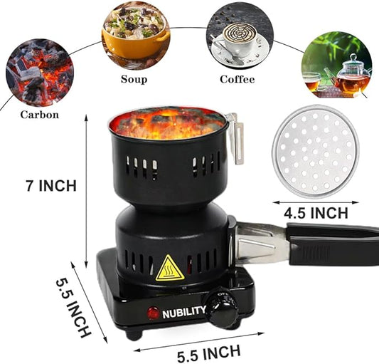 650W Electric Stove Coconut Charcoal Starter, ETL Approved Coal Burner for with Detachable Handle Stainless Steel Grill & Rack Smart Heat Control Long Cable for BBQ Kitchen
