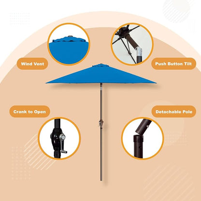 Sunline 7.5 ft Patio Umbrella with Crank & Push Button Tilt, Outdoor Market Umbrella with UV Protection & Wind Vent and Fiberglass Ribs, Metal Frame for Deck, Pool & Table, Pacific Blue