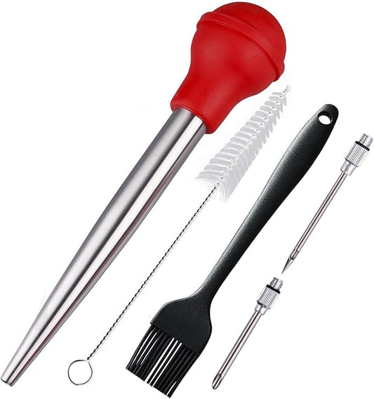 Turkey Baster, Baster Syringe for Cooking, Stainless Steel Baster with Marinade Injector Neddles &BBQ Brush & Cleaning Brush, Silicone Bulb, Stainless Steel Turkey Baster Set 5, Color Red