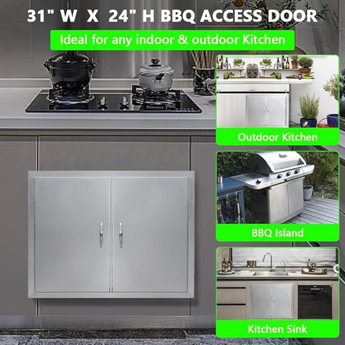Garvee BBQ Access Door 31 in W x 24 in H, Double Door Outdoor Kitchen Doors for BBQ Island Grilling Station