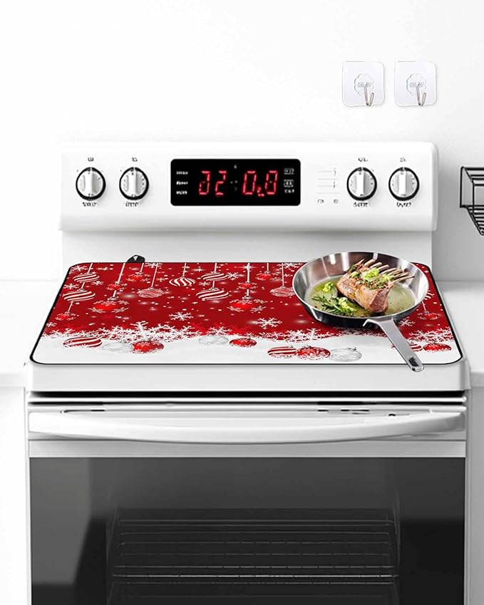 Stove Top Covers for Electric Stove 24x21 Inches,Christmas HeatResistant Glass Cooktop Protector,Red Merry Xmas Glitter Sparkle Bokeh Snowflake Winter Ceramic Stovetop Countertop Covers Mat,Oven Cover