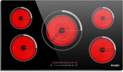 36 Inch Electric Cooktop - Built-in(34.25"x19.3") 36 Inch Electrical Stove 240V, 9200W Five Burner Ceramic Cooktop, Slide-Touch Control, Timer, Safety Lock, Electric Stovetop, 220V Hard Wired