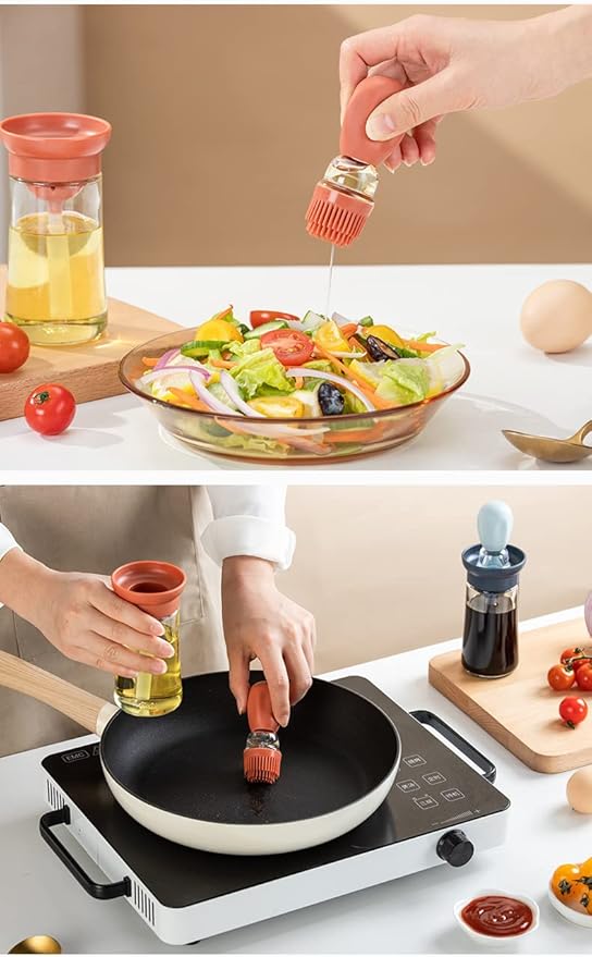 Oil Dispenser with Brush - 2 Pack Glass 2 IN 1 Olive Oil Dispensing Bottle with Basting Brush for Cooking Frying Baking Kitchen, 180ml, T-OB21 Blue+Grey