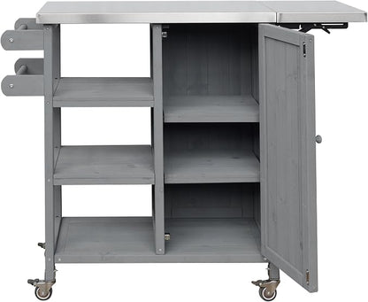 JIVOIT Outdoor Kitchen Island with Foldable Stainless Steel Tabletop, Patio Fir Wood Kitchen Cart Portable Prep Station with Lockable Wheels, Storage Cabinet and Towel Rack (Grey/123)