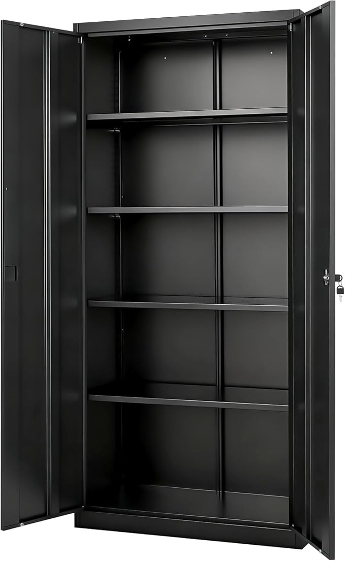 VEVOR Metal Storage Cabinet, Lockable Steel Garage Cabinet with Magnetic Doors and Adjustable Shelves, 2 Keys, 5-Tiers Tall Tool Locker for Home, Office, School, Pantry, Warehouse, Laundry, Black