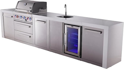 Mont Alpi Premium 145" Deluxe Stainless Steel Outdoor Kitchen Island with Refrigerator + Beverage Center Faucet & Sink + 32"W 4-Burner BBQ Grill + Granite Countertops + Storage + Rotisserie + Cover