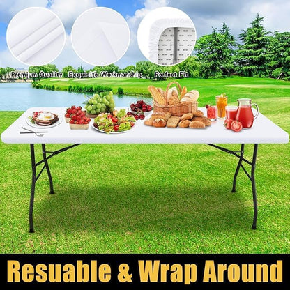 Smiry Rectangle Picnic Table Cloth, Waterproof Elastic Fitted Tablecloths for 6 Foot Tables, Washable Polyester Table Cover for Camping, Indoor and Outdoor (White, 18"x72")