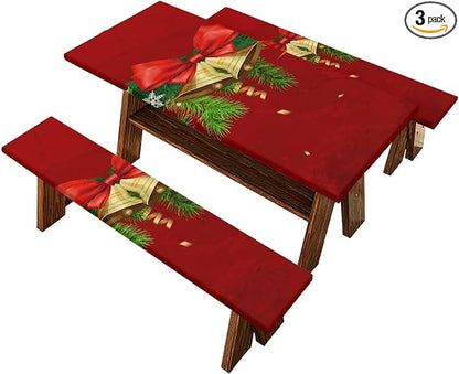 Christmas Elastic Fitted Table Cloth for Camping Party Christmas Bells Picnic Table Cover with Bench Covers 3 PCS for Outdoors