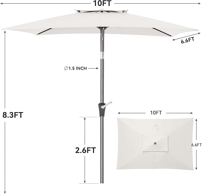6.6 x 10 ft Rectangular Patio Umbrella, Outdoor Market Table Umbrella with Push Button Tilt and Crank, Double-Tier Vent, 6 Ribs, Rectangle Patio Umbrella for Backyard, Deck, Pool, Fits 4–6 Chairs and Tables (White)