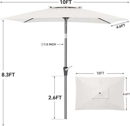 6.6 x 10 ft Rectangular Patio Umbrella, Outdoor Market Table Umbrella with Push Button Tilt and Crank, Double-Tier Vent, 6 Ribs, Rectangle Patio Umbrella for Backyard, Deck, Pool, Fits 4–6 Chairs and Tables (White)