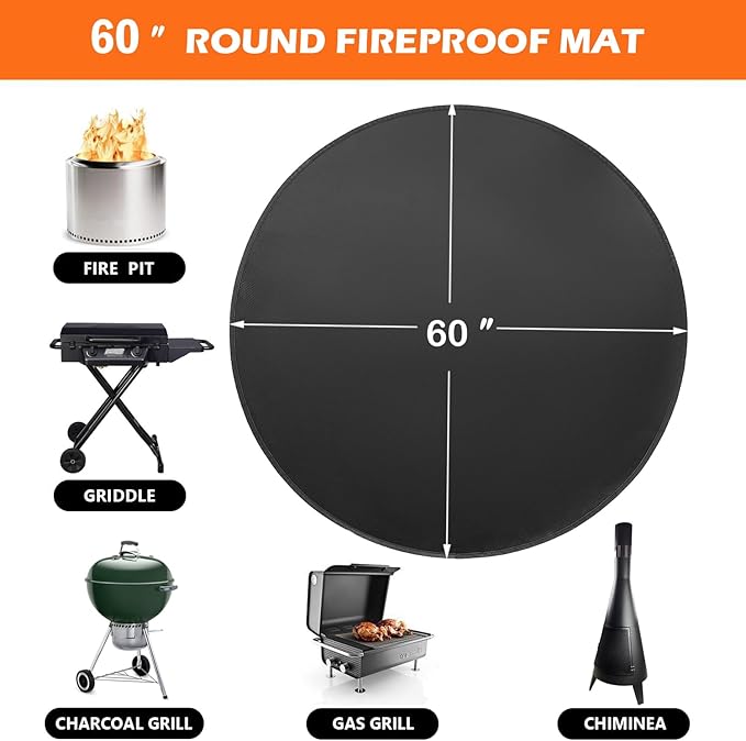 TYLIN Fire Pit Mat for Deck Fireproof, Round Fireproof Under Grill Mat, Oil-Proof Waterproof BBQ Pad for Deck Patio Grass Outdoor Grill Accessories, Portable and Reusable，Black (60x60 inch)