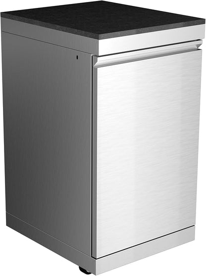 Stainless Steel Outdoor Kitchen Storage Cabinet with Granite Countertop, Modular BBQ Island Drawer Alternative, Reversible Door, Locking Caster Wheels for Patio Grill Station Appliance Prep (Silver)