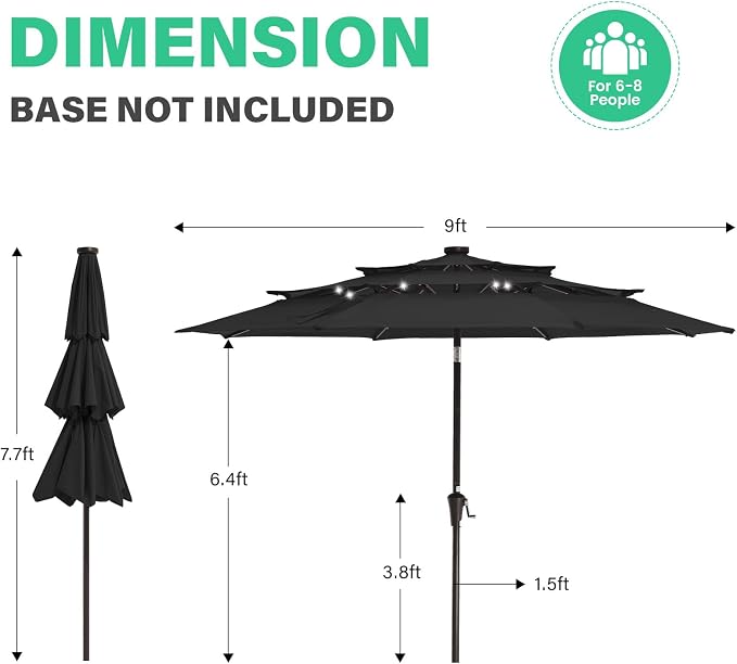 JEAREY 9 ft 3-Tier Outdoor LED Lighted Patio Umbrella w/Crank, Black | Solar Market Table Umbrella with 8 Sturdy Ribs, UV Protection Waterproof Sunproof for Garden, Deck and Backyard