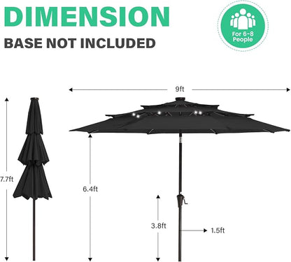 JEAREY 9 ft 3-Tier Outdoor LED Lighted Patio Umbrella w/Crank, Black | Solar Market Table Umbrella with 8 Sturdy Ribs, UV Protection Waterproof Sunproof for Garden, Deck and Backyard