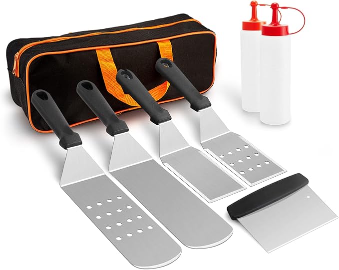 HaSteeL Griddle Accessories Kit of 8, Heavy Duty Metal Spatula Chopper, Professional Stainless Steel Griddle Tools with Storage Bag, Great for Flat Top Teppanyaki Cast Iron BBQ Grilling Indoor Outdoor