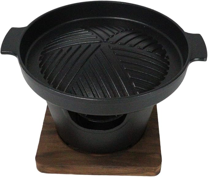 Ebros Gift Japanese Cuisine Portable Tabletop BBQ Yakiniku Grill Aluminum Cooking Stove With Comal Griddle And Wooden Trivet Base For Yakitori Hibachi Robata Personal Sized