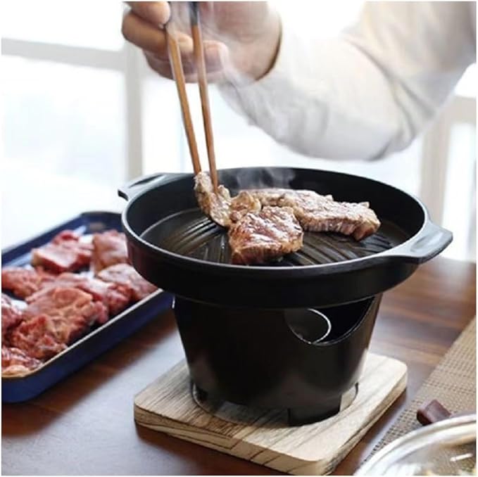 Mini charcoal Grill, 7.8in Portable Charcoal Grill with Wooden Base, Portable Grill Smokeless（Single Person）