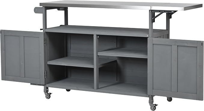 JIVOIT Outdoor Fir Wood Kitchen Island with Foldable Stainless Steel Top, Patio Mobile Kitchen Cart Portable Outdoor Cooking Island with Lockable Wheels, Storage Cabinet and Towel Rack (Gray/124)